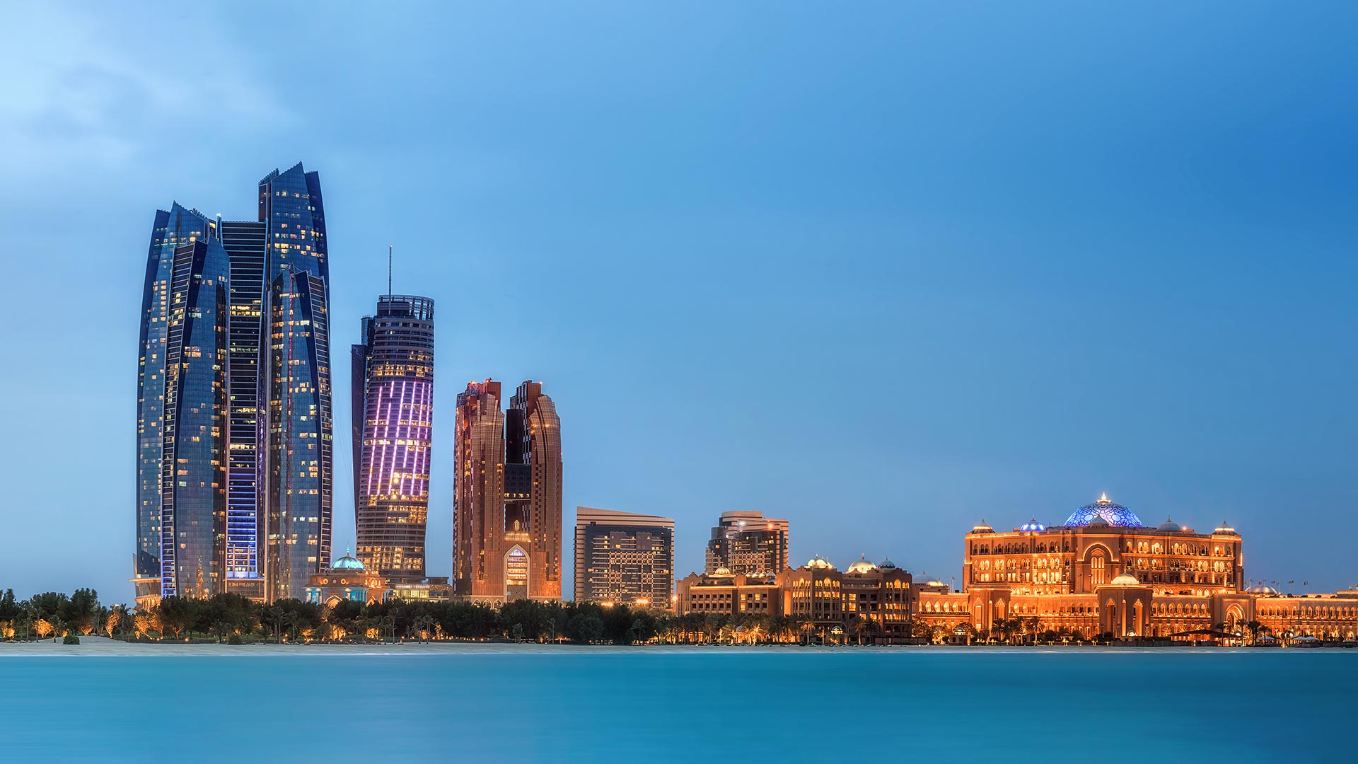 Abu Dhabi coastal skyline showing prominent buildings